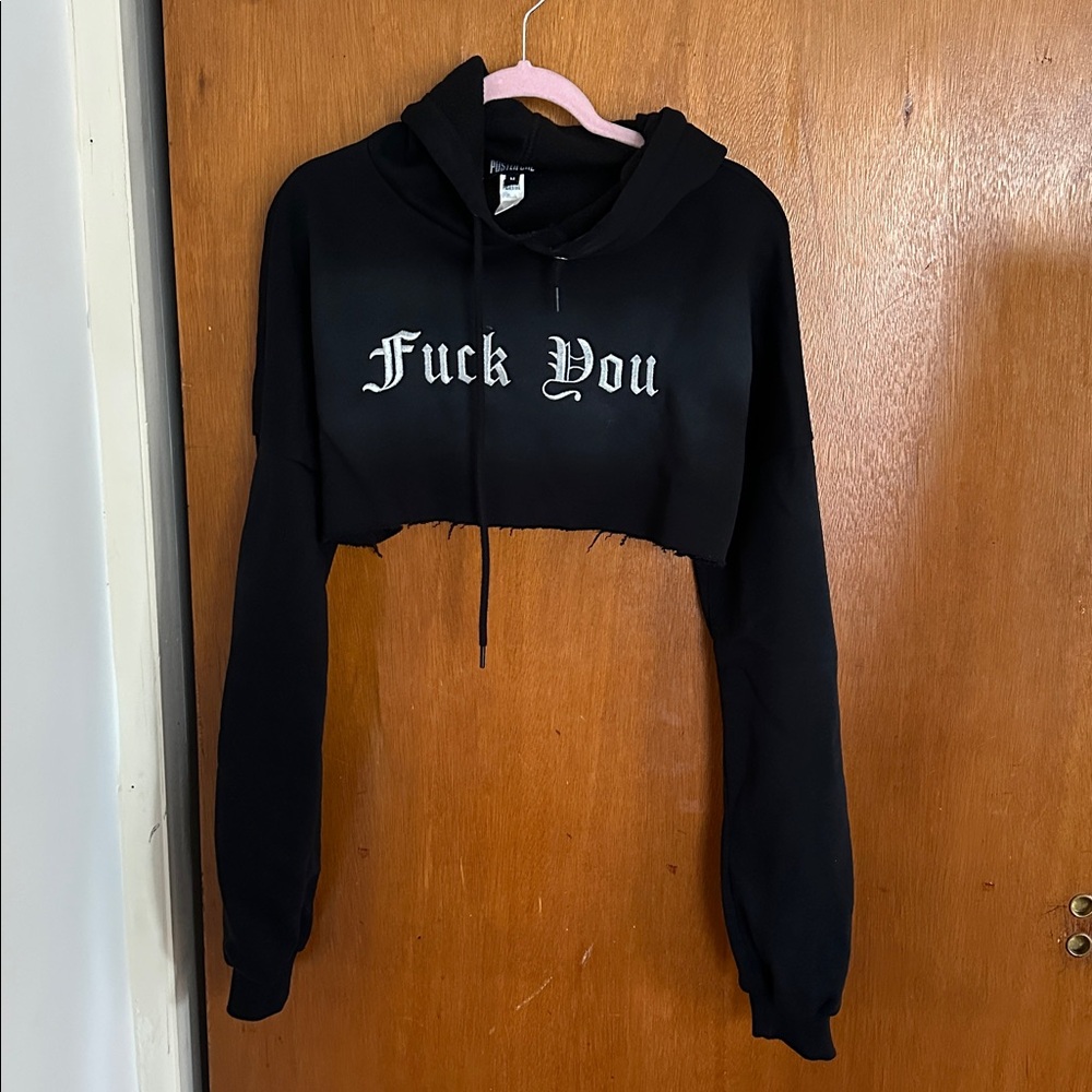 DOLLS KILL Black Cropped Hoodie with White Text